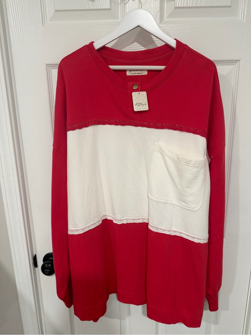 Free People NWT XL Oversized Colorblock Sweatshirt Red Ivory 100% Cotton Boho